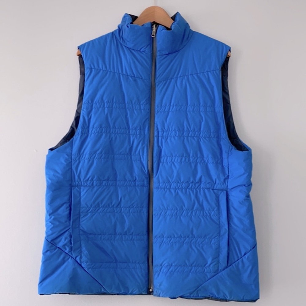 Lululemon men’s blue and navy reversible puffer mock neck zip up vest jacket